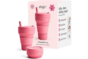 STOJO Jr Collapsible Travel Cup with Straw for Kids - Peony Pink, 8oz / 250ml - Leak-Proof Reusable to-Go Pocket Size Silicon