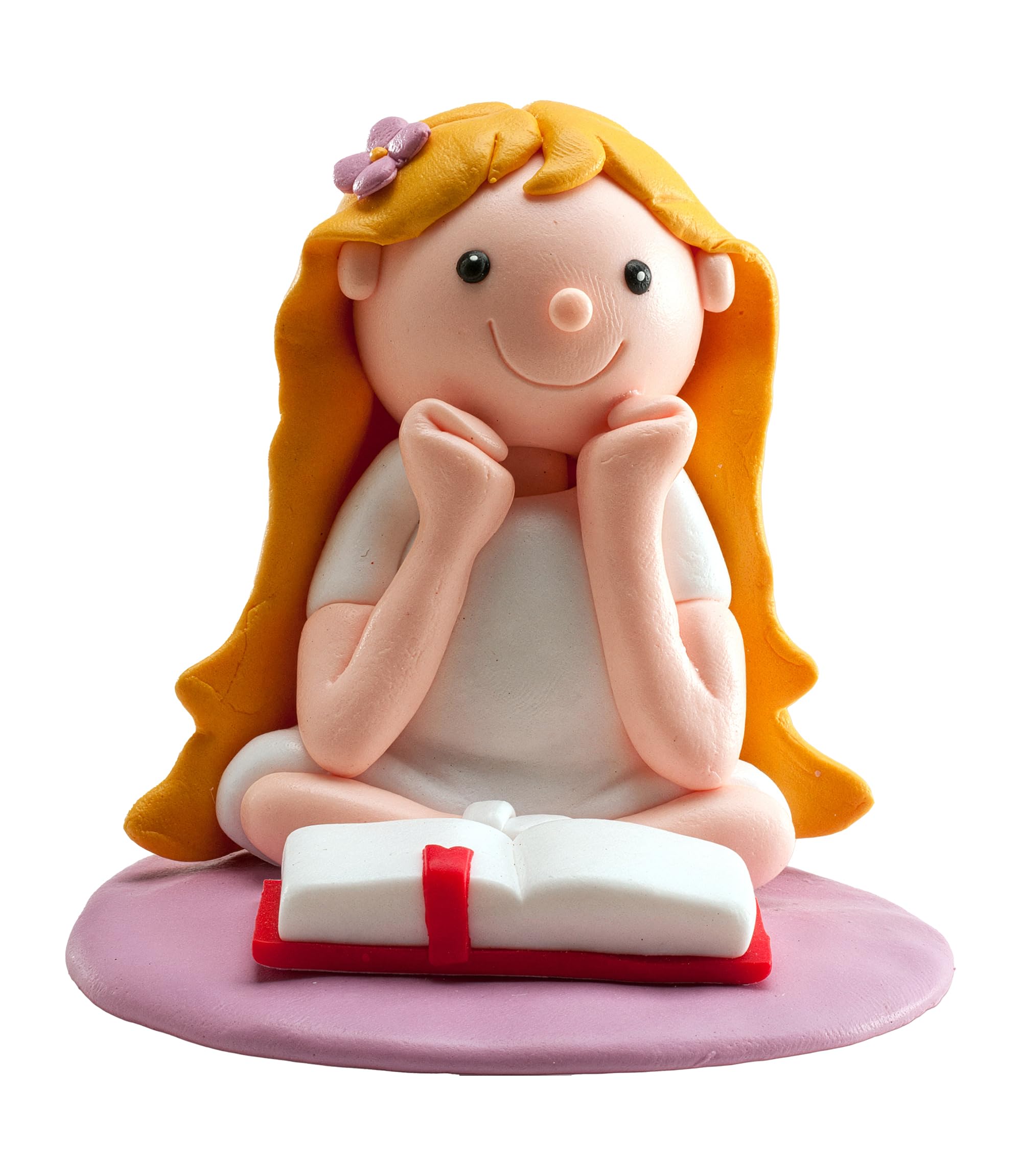 dekora - Decorative Figure for First Communion - Seated Girl - Made of Resin - Cake Topper - 8 cm Tall - Original and Detailed Design - Food Contact Safe