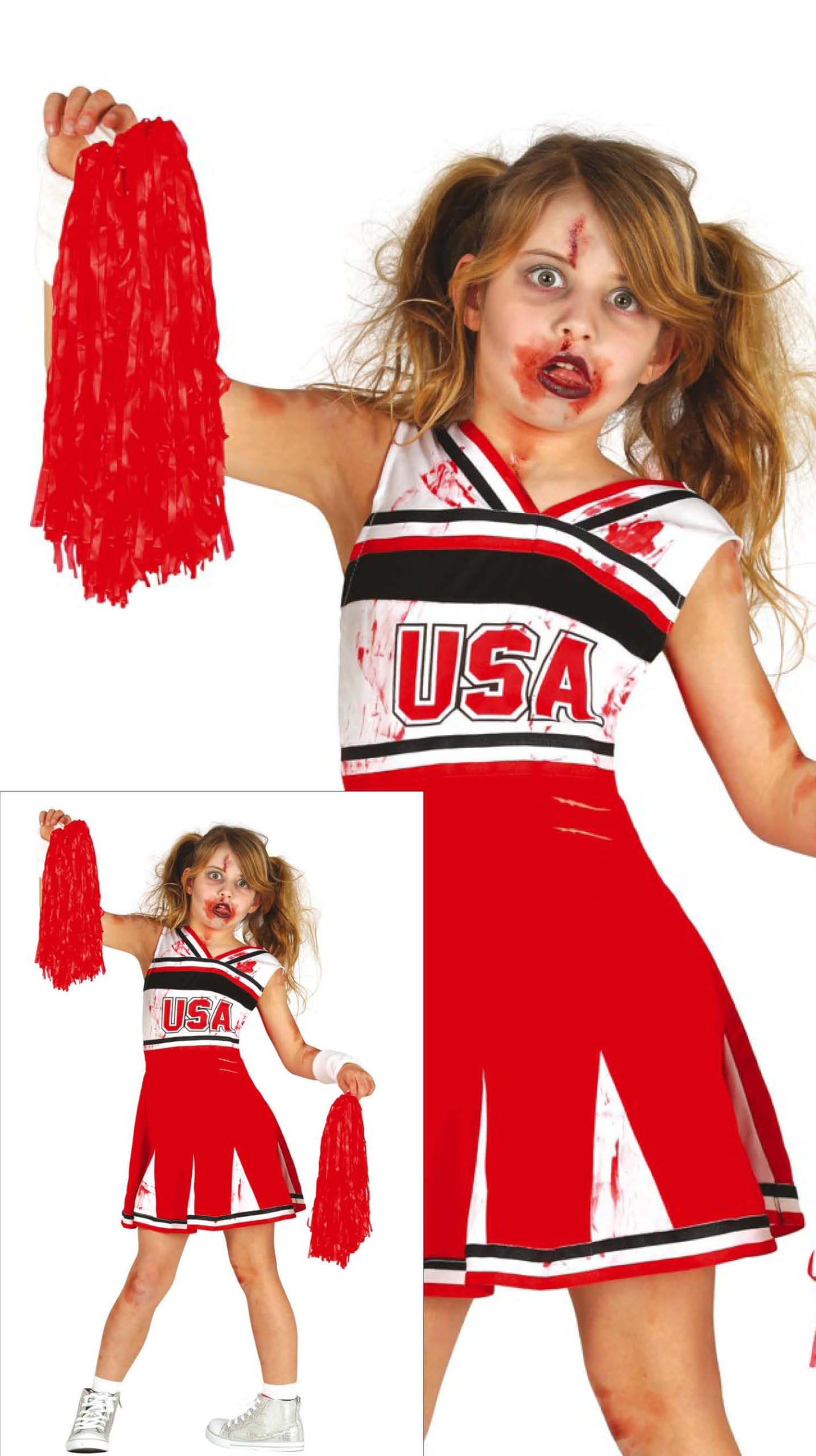 FIESTAS GUIRCA Childs Zombie Cheerleader Fancy Dress Red Cheerleader Uniform Costume Halloween Age 10-12
