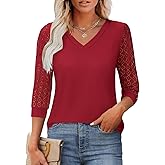 Spring Tops for Women 3/4 Sleeve V Neck Lace Blouse Dressy Casual Womens Tops S-XXL