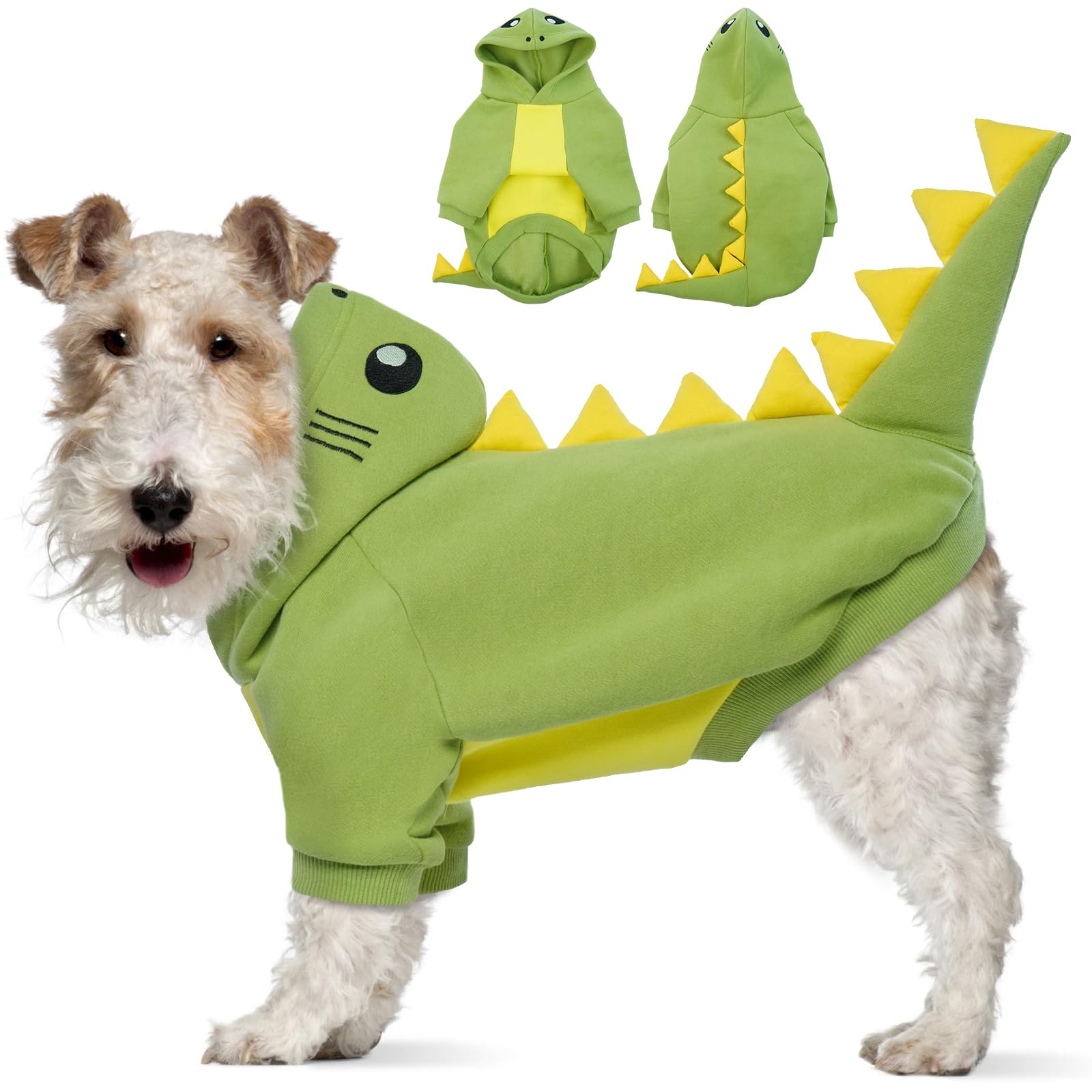 Lelepet Halloween Dog Dinosaur Costume, Warm Fleece Hoodie for Small Dogs, Winter Pet Sweatshirt, Funny Dog Cosplay Party Costume Puppy Jumpsuit, Green XS