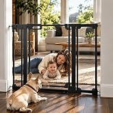 Foreng Clear Acrylic Baby Gate, 30.7" Tall, 29.5-47.2" Wide, Black | Walk-through metal-frame dog gate, double lock, auto close, no-drill pressure mount and wall cups for stairs and doorways