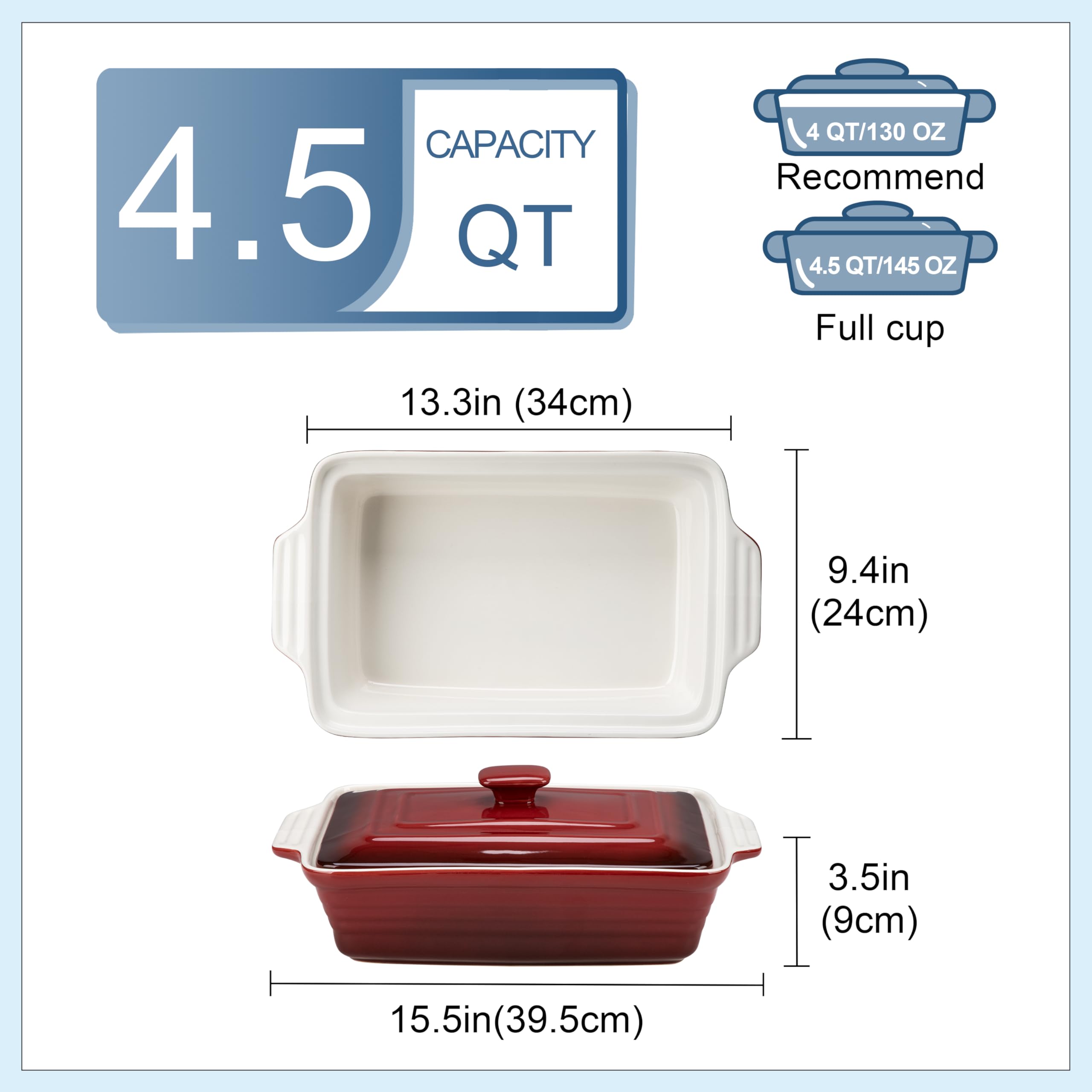 LOVECASA 4.5 Quart Ceramic Casserole Dish with Lid, 9x13 Baking Dish for Oven, Lasagna Pan Deep with Handles, Stoneware Bakeware, Oven & Dishwasher Safe, Gradient Red