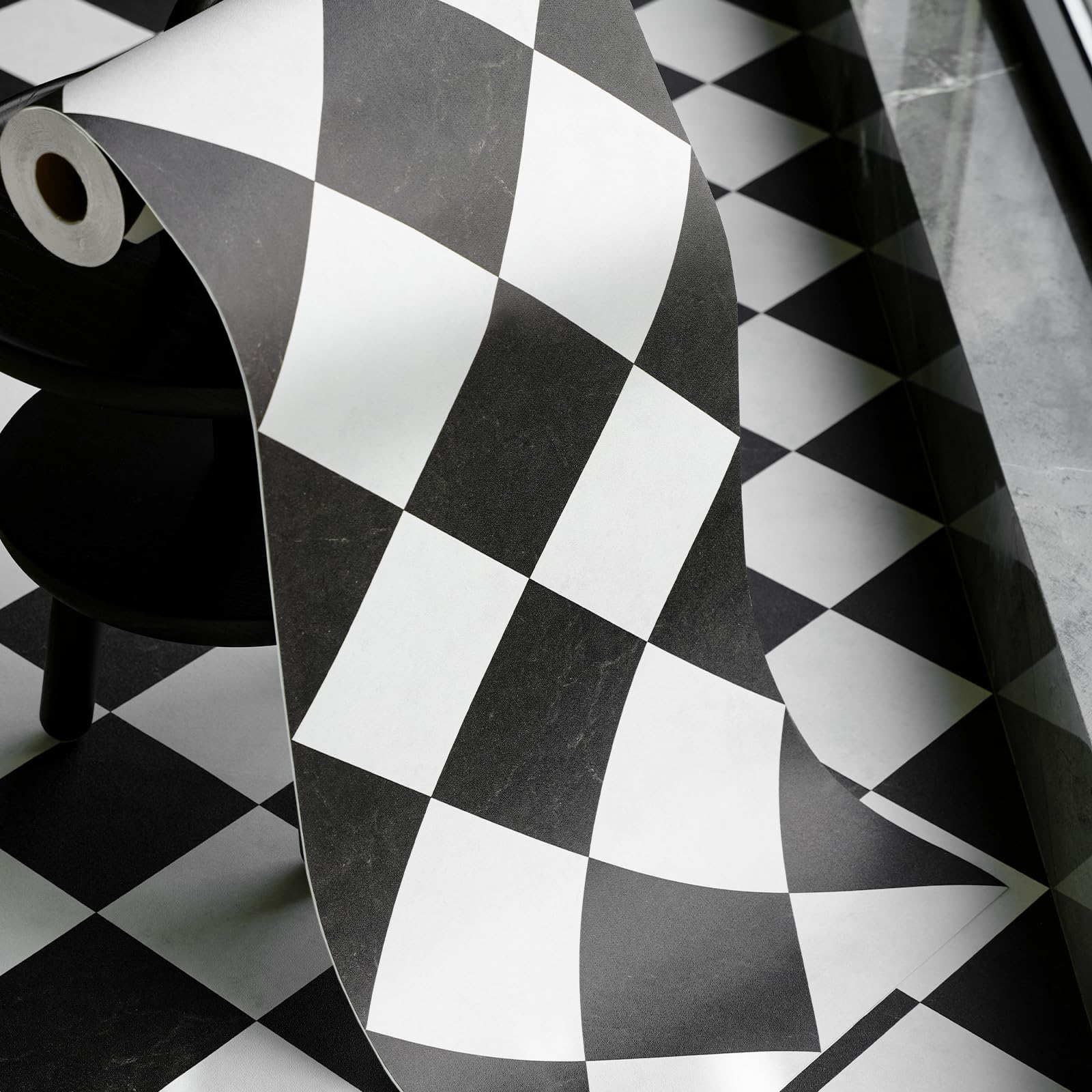 Photo 1 of auxua Peel and Stick Floor Tile, Black Checked Pattern Continuous Vinyl Roll Flooring – 15.7'' x 19.68 ft Roll Covers 25.83 sq. ft, Effortless Alignment, Seamless Look Design for Bathroom, Kitchen