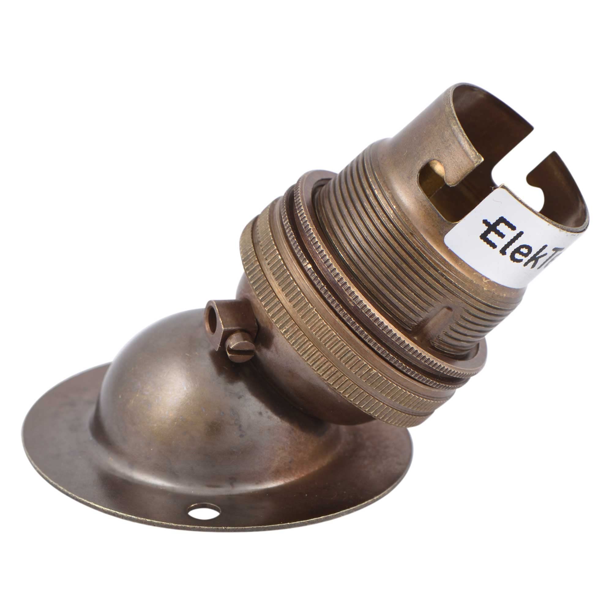 ElekTek Antique Brass Angle Batten B22 BC Bayonet Cap Lamp Light Bulb Holder Socket with Shade Ring - Made in UK