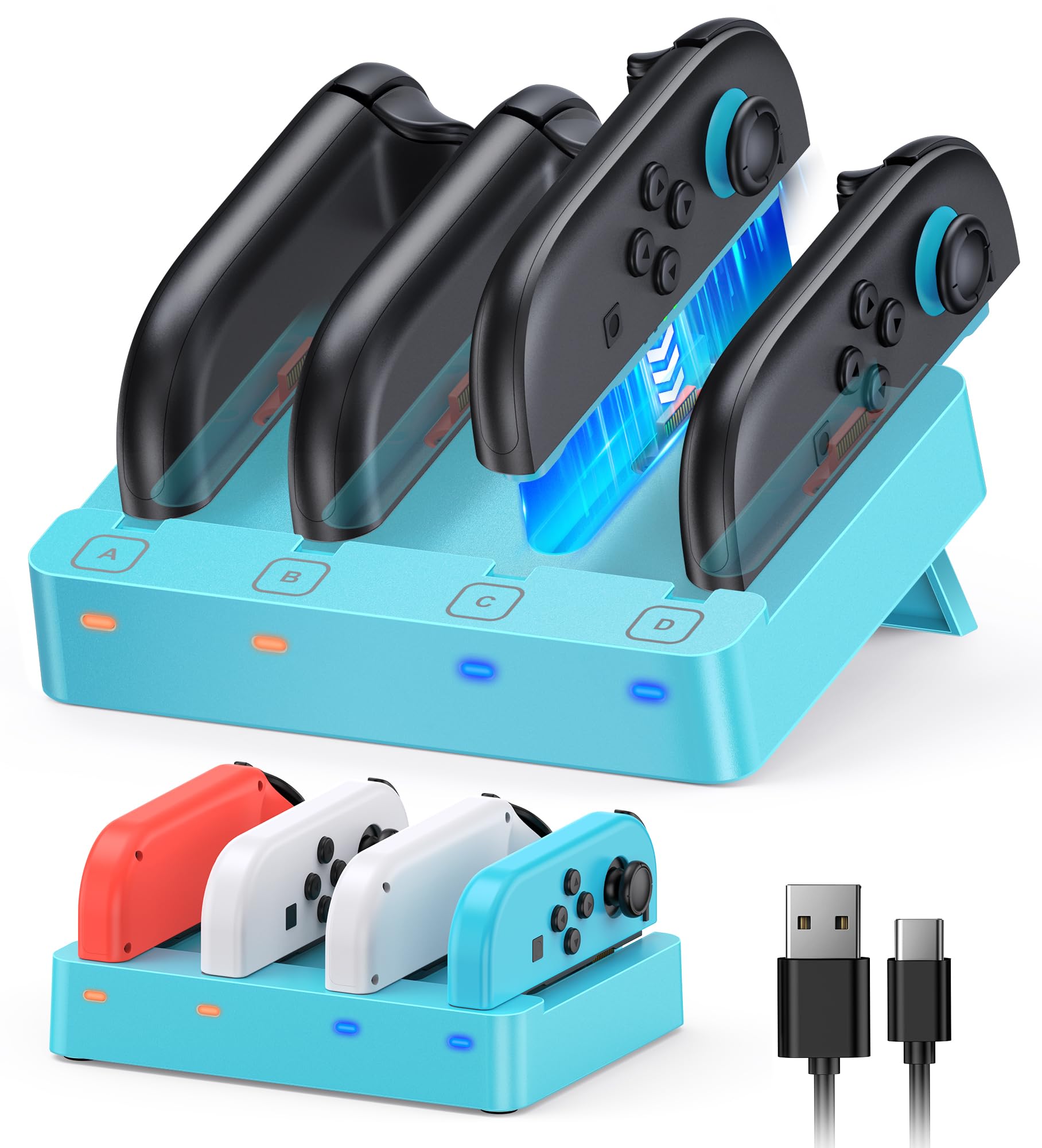 Charger for Nintendo Switch 2 and Switch 1 Controller, Horizontal Charging Dock Station for Joy con and for Joycon 2 Accessories with Foldable Storage Stand (Blue)