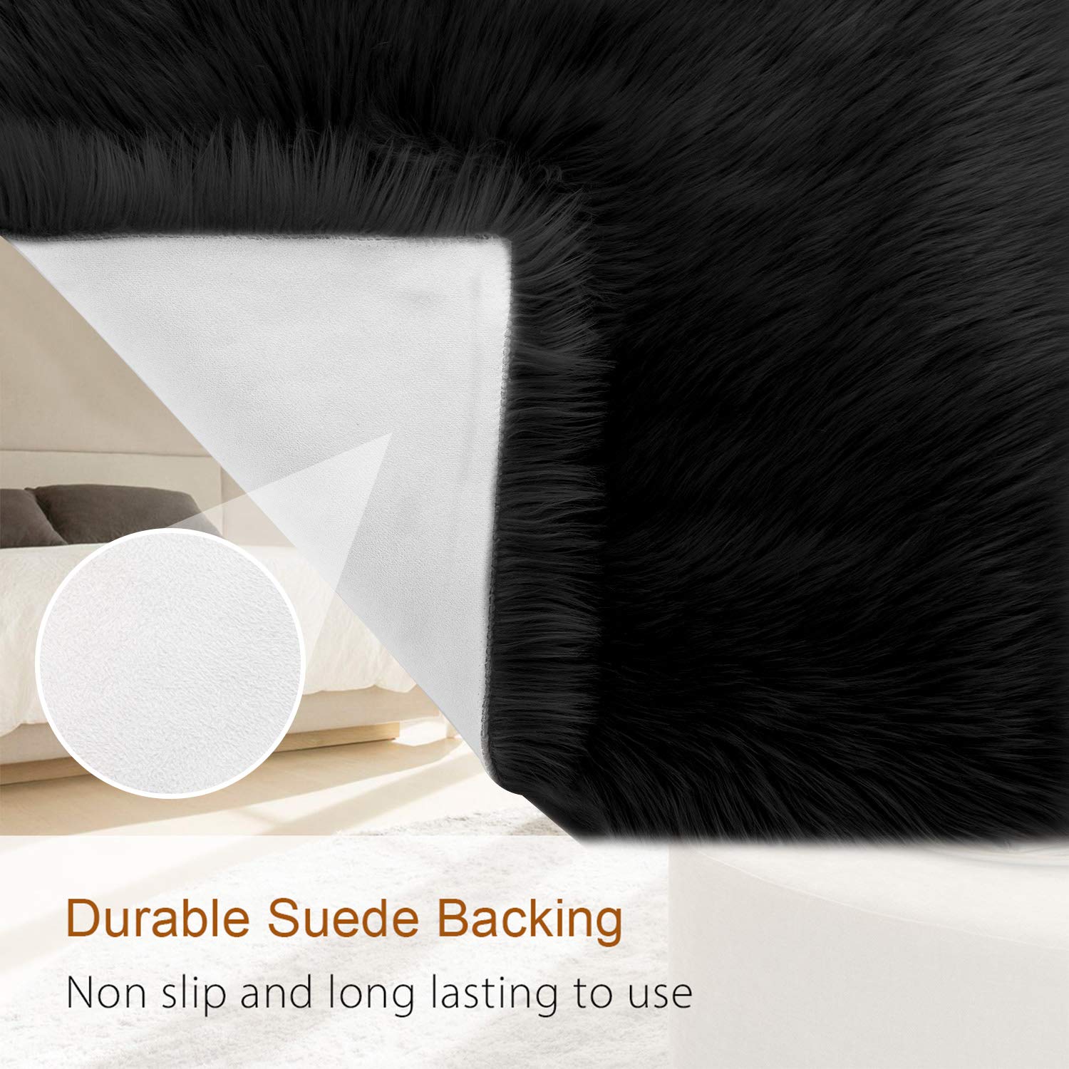 LOCHAS Ultra Soft Fluffy Rugs Faux Fur Sheepskin Area Rug for Bedroom Bedside Living Room Carpet Nursery Washable Floor Mat,4x6 Feet Black