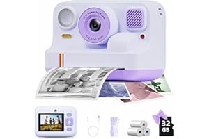 BILEBAK Instant Print Camera for Kids, Christmas Birthday Gifts for Girls Boys Age 3-15, 1080P Selfie Portable Digital Video Camera with 32GB SD Card, 3-Colored Print Paper- Purple