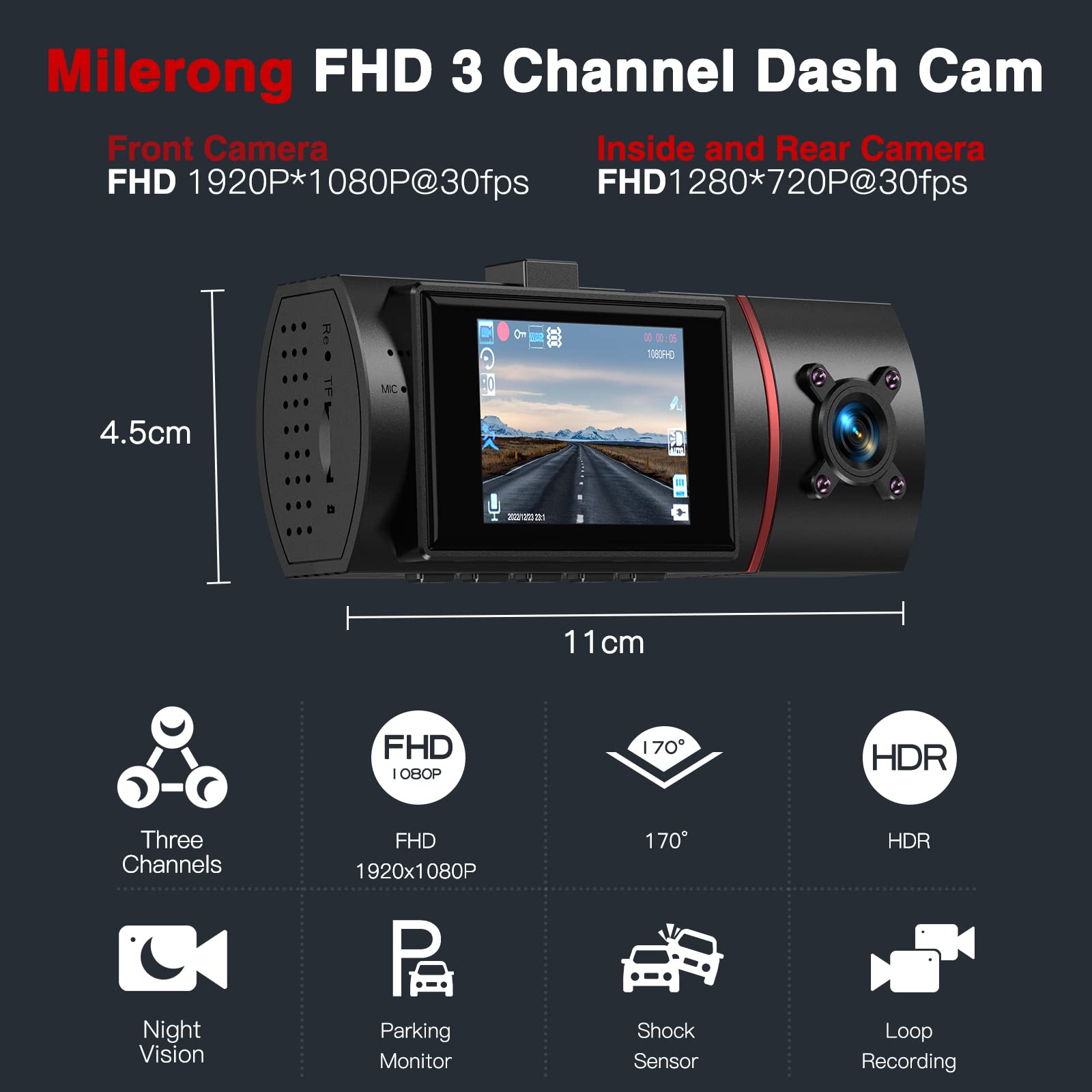 3 Channel Dash Cam Front and Rear Inside with 64GB Card,Milerong 1080P Dash Camera for Cars,Dashcam Three Way Triple Car Camera with IR Night Vision,Loop Recording,G-Sensor,24H Parking Mode…