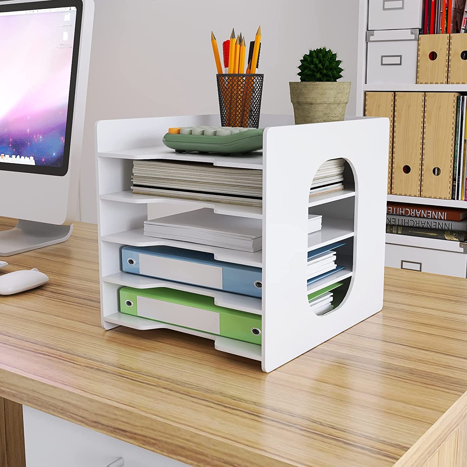 PUNCIA 5 Tiers Paper Tray A4 Desk Tidy Organizer Desktop White Filing Holder Office Mail Letter Sorter Document Notebooks Storage Rack for Home Office School Classroom