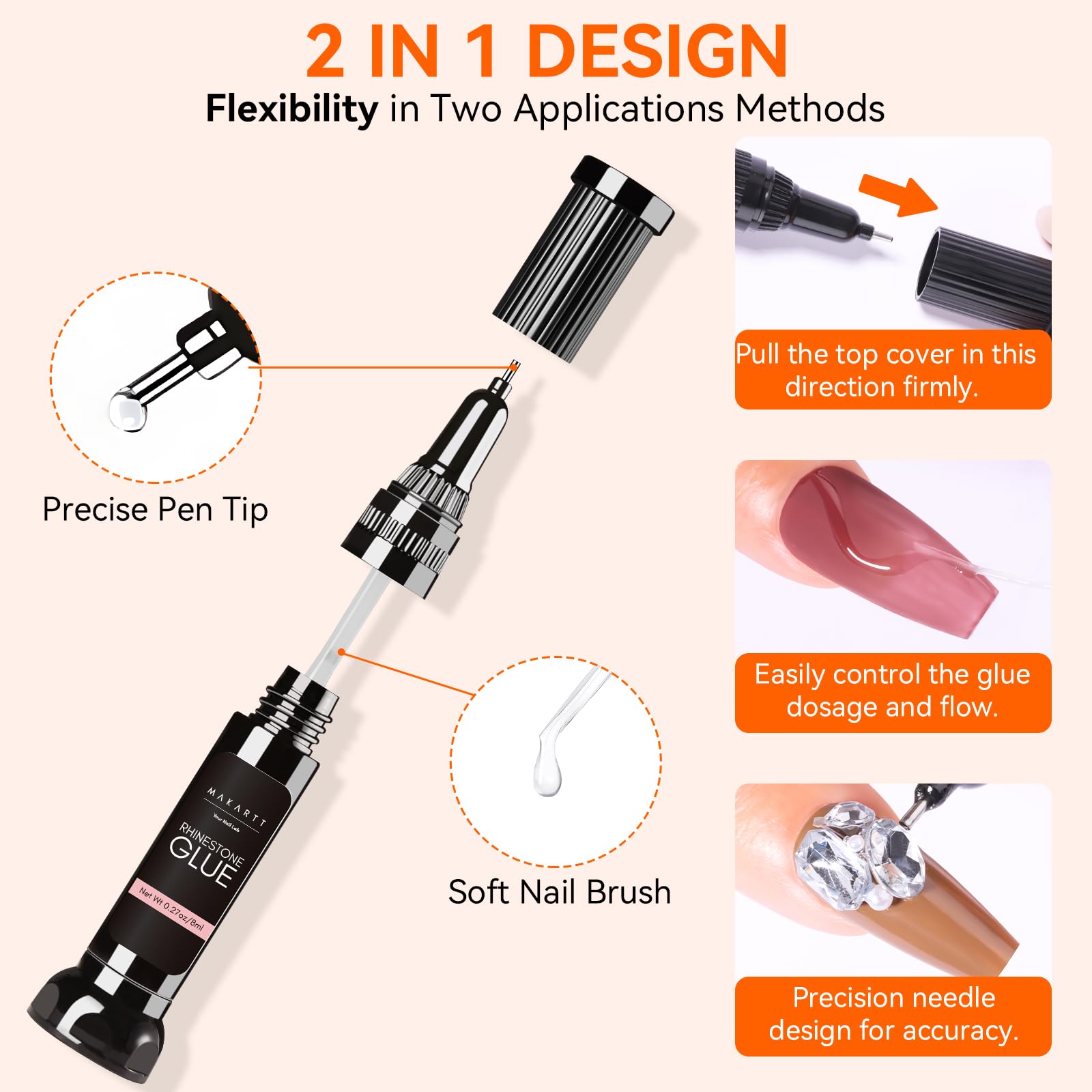 Makartt Nail Rhinestone Glue Gel, Upgrade Gel Nail Glue with Brush Pen Tip Super Strong Adhesive Precise for Nail Charms Crystals Rhinestone Beads Flower 3D Decorations 8ml*2 - Image 2