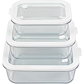 Sio GLASS storage containers with GLASS lids, NO PLASTIC, Set of 3, Airtight Small Medium Large for Food Meal Prep, Silcone Bowl Container (White)