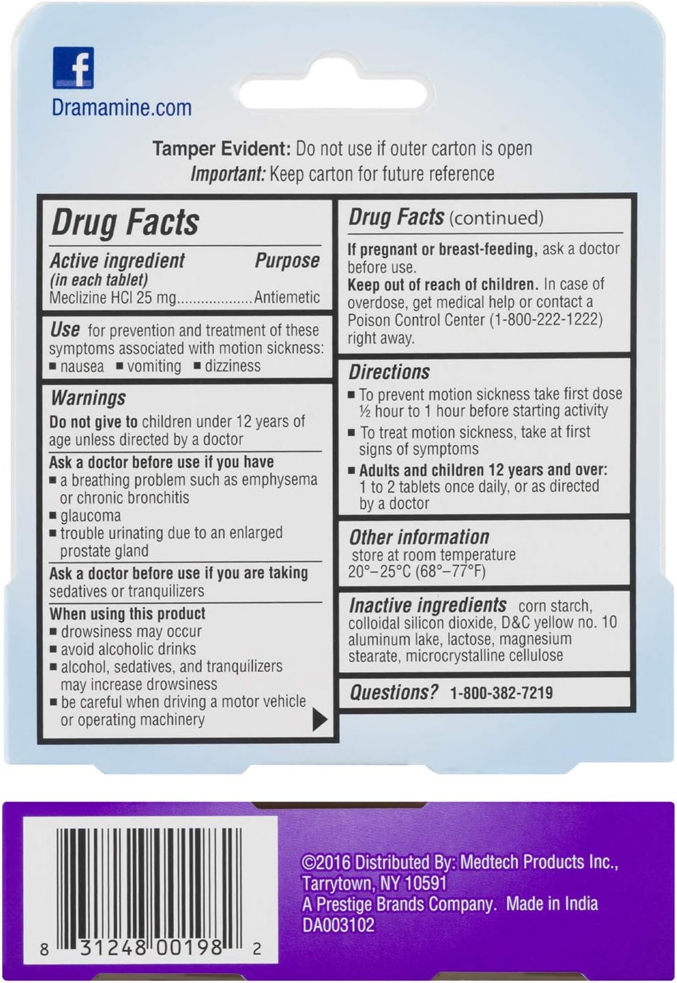 Dramamine All Day Less Drowsy Motion Sickness Relief, 8 Tablets: Health & Personal Care