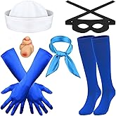 Kuscul 6Pack Halloween Sailor Costume Set Including Blue Scarf Eye Mask Gloves Socks Nose Sailor Cap for Men Women Cartoon Character Dress Up Cosplay Party Accessories