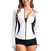 SANTINY Women's Rash Guard Zipper Pockets UPF50+ Sun Protection Long Sleeve Swimsuit Top Zip Front Swim Shirt for Women