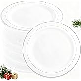 WELLIFE 144 Pieces Silver Plastic Dessert Plates, 7.5 inch Disposable Salad Plates, Premium White Appetizer Plates with Silver Rim, Ideal for Party, Wedding