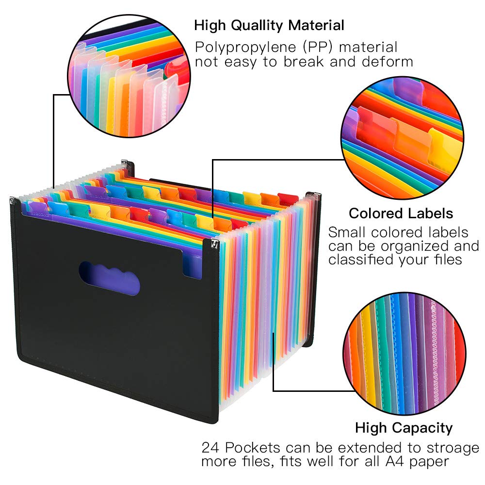 24 Pockets Expanding Files Folder, SUNEE Multi-Color Accordion A4 Document Organizer, High Capacity Plastic Expandable File Wallet Stand with Label Pocket for Business/Office/Study/Home