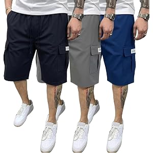 3 Pack Men's 10" Cargo Shorts, Quick Dry Stretch Waist Drawstring Outdoor Hiking Shorts for Men with 5 Pockets S-6XL