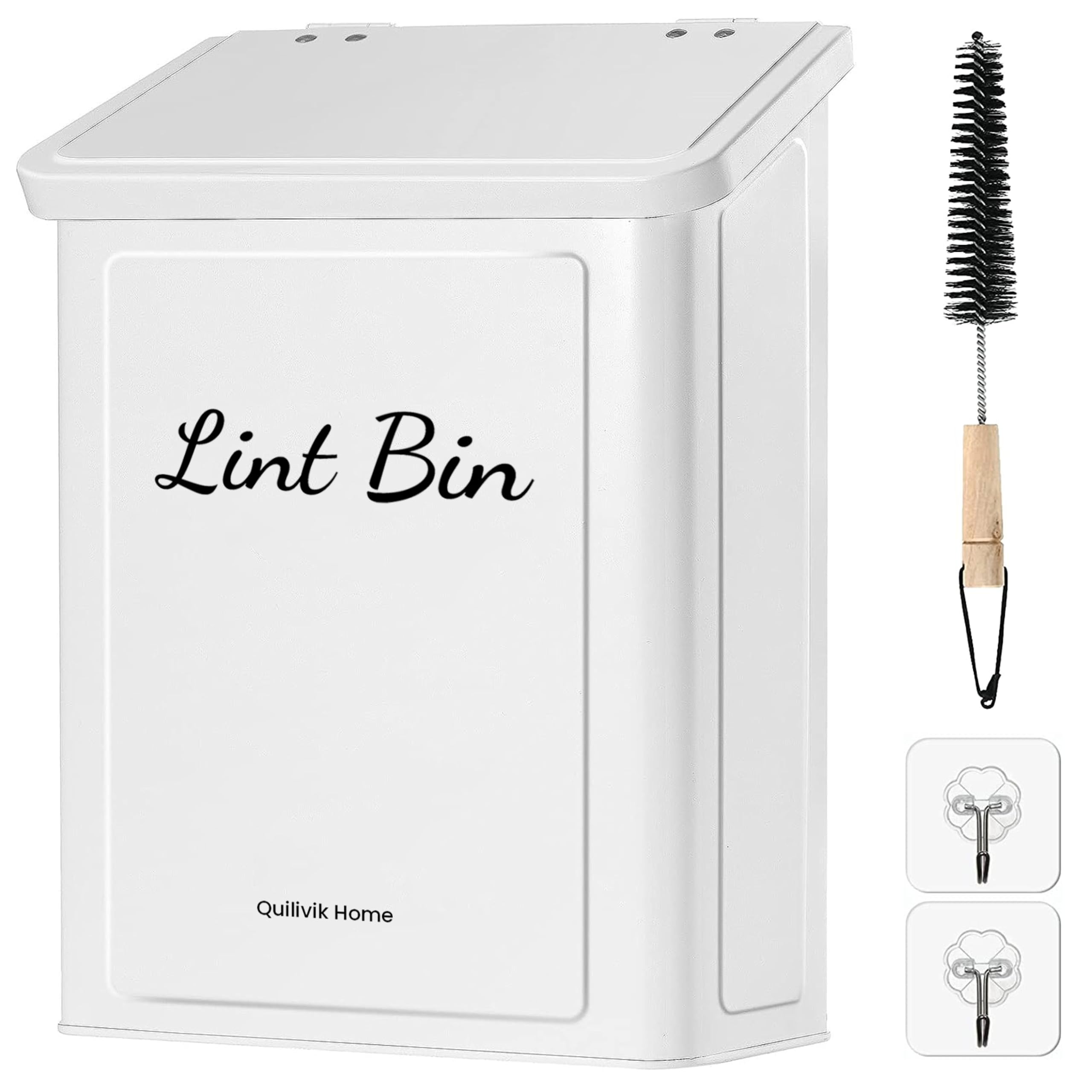 Photo 1 of ***(MISSING BRUSH)***QUILIVIK Metal Magnetic Lint Bin With Lid For Laundry Room Decor | Metal Box | Lint Holder Bins for Organzation (White, Large)