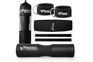 RitFit 7 Pcs Barbell Squat Pad Set, with Resistance Band, 2 Safety Straps, 2 Gym Ankle Straps & Carry Bag, Upgraded Neck & Shoulder Protective Pad Support for Squats, Lunges & Hip Thrust (Pink/Black)