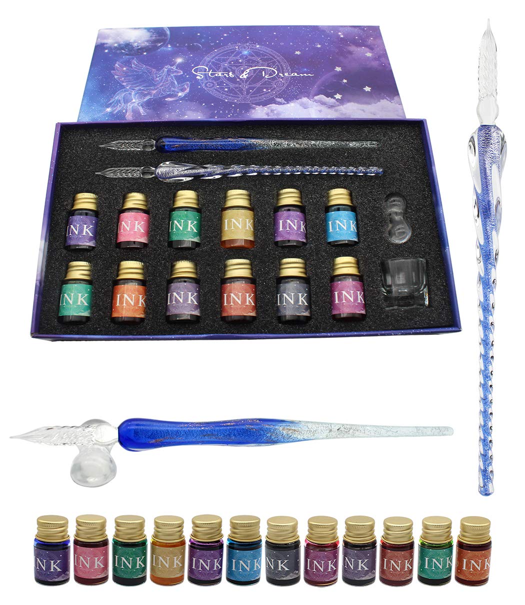 XIAOYU Glass Dip Pen Set, 16 Pieces Calligraphy Pen Set Includes 2 Crystal Glass Pens, 12 Colors Ink, Cleaning Cup, Pen Holder，Blue