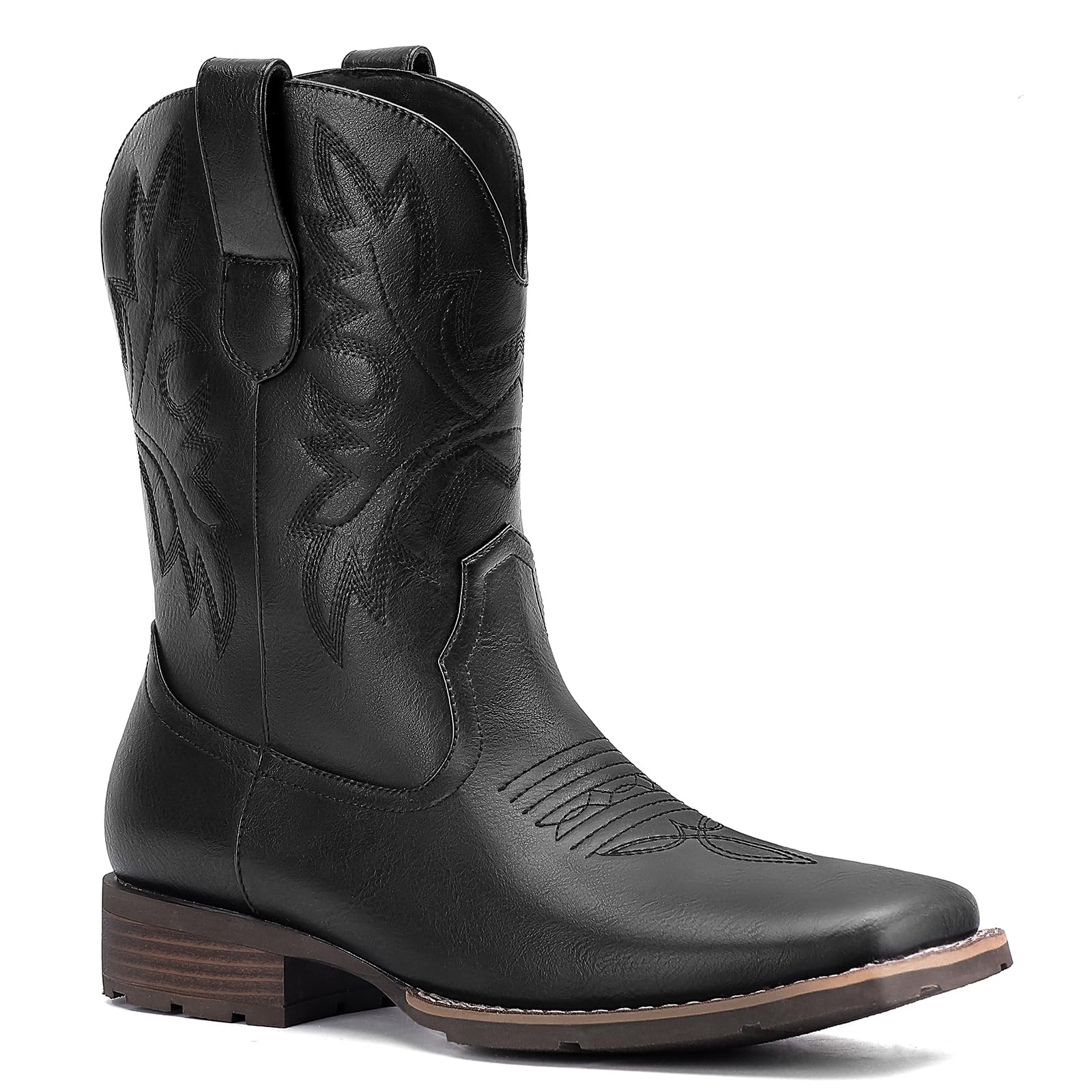 Lumeheel Cowboy Boots for Men - Western Square Toe Men's Black Boots with Classic Embroidered, Slip on Chunky Heel for Spring Fall 8.5M Image