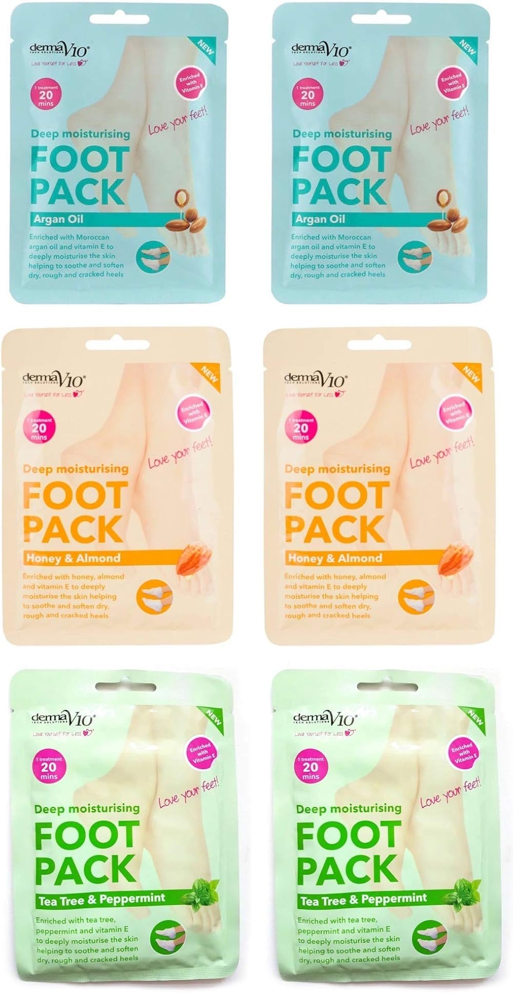 Derma V10 Foot Pack Mask 6 Pack Deep Moisturising Tea Tree Peppermint Honey