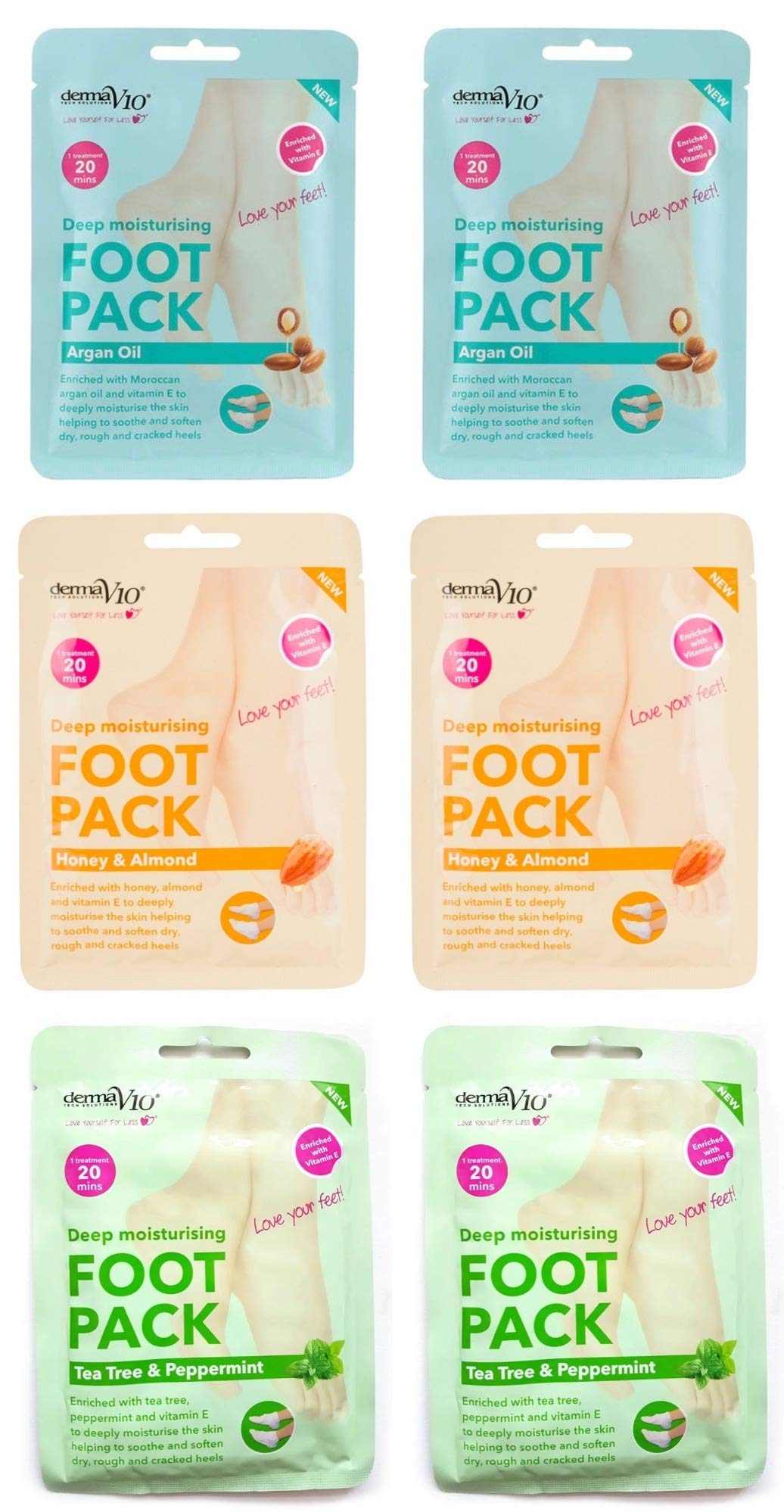 Derma V10 Foot Pack Mask (6 Pack) Deep Moisturising (Tea Tree & Peppermint, Honey & Almond, Argan Oil)