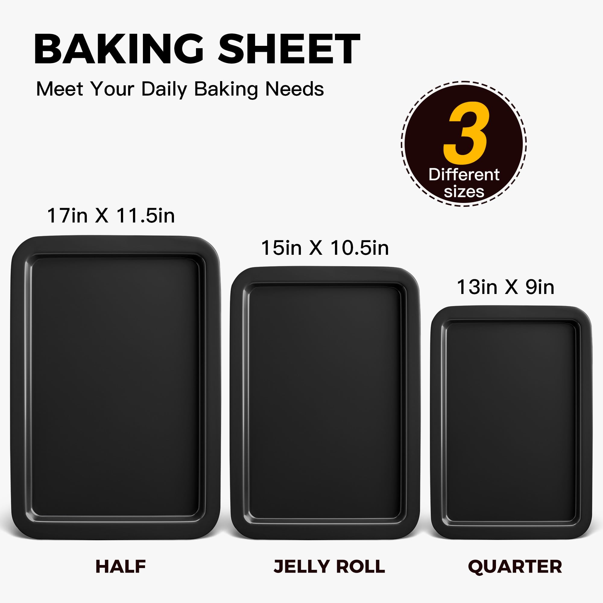 HONGBAKE Ceramic Baking Sheet Pan Set, Cookie Sheet for Oven, Bakeware Sets with Wider Grips, 3 Pack Half/Jelly Roll/Quarter Baking Tray, Premium, Dishwasher Safe - Dark Grey