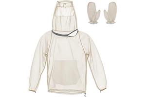 2WIN2BUY Mosquito Bug Jacket for Men Women, 2 Pcs Mosquito Net Jacket with Hood & Gloves Breathable Mesh Mosquito Proof Clothing