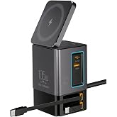 105W GaN Desktop Charging Station - 6 in 1 Fast Charger Block with Dual 65W Retractable Type C Cables, Magnetic Wireless Charging Stand for MacBook Pro/Air, iPhone17 16 15, iPad, Office Desk Organizer