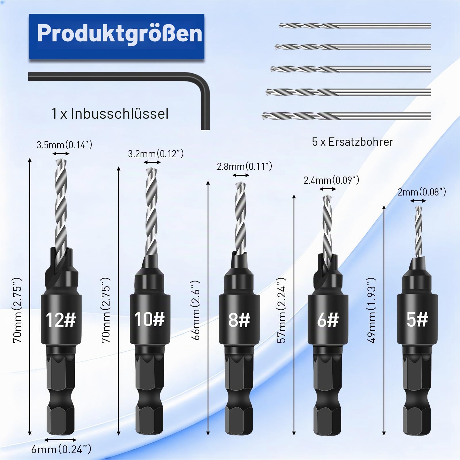shengbenhao Senkbohrer Holz, 11 tlg Senker Bohrer Set für Holzbearbeitung, #5, #6, #8, #10, #12, Verstellbares Senkbohrer-Set mit 1/4"-Sechskantschaft mit Aufbewahrungsbox 6