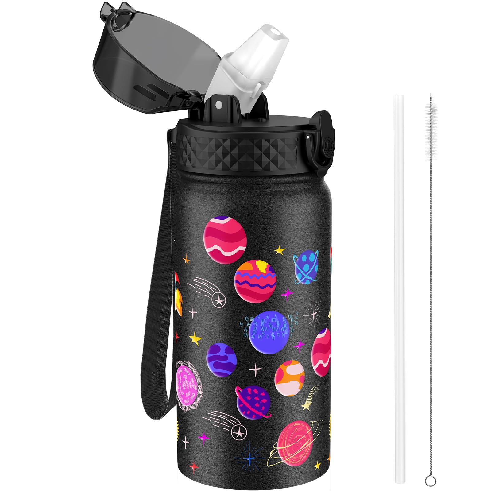 GOPPUS 420ml/14oz Kids Insulated Water Bottle with Straw Cute Double Wall Stainless Steel Child's Small Flask Vacuum Insulated Steel Metal Leak Proof Drink Flask Boys Toddler Girls Bottles BPA-Free