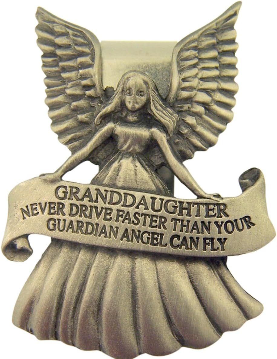 Pewter Guardian Angel with Granddaughter Never Drive Faster Banner Visor Clip, 2 1/4 Inch