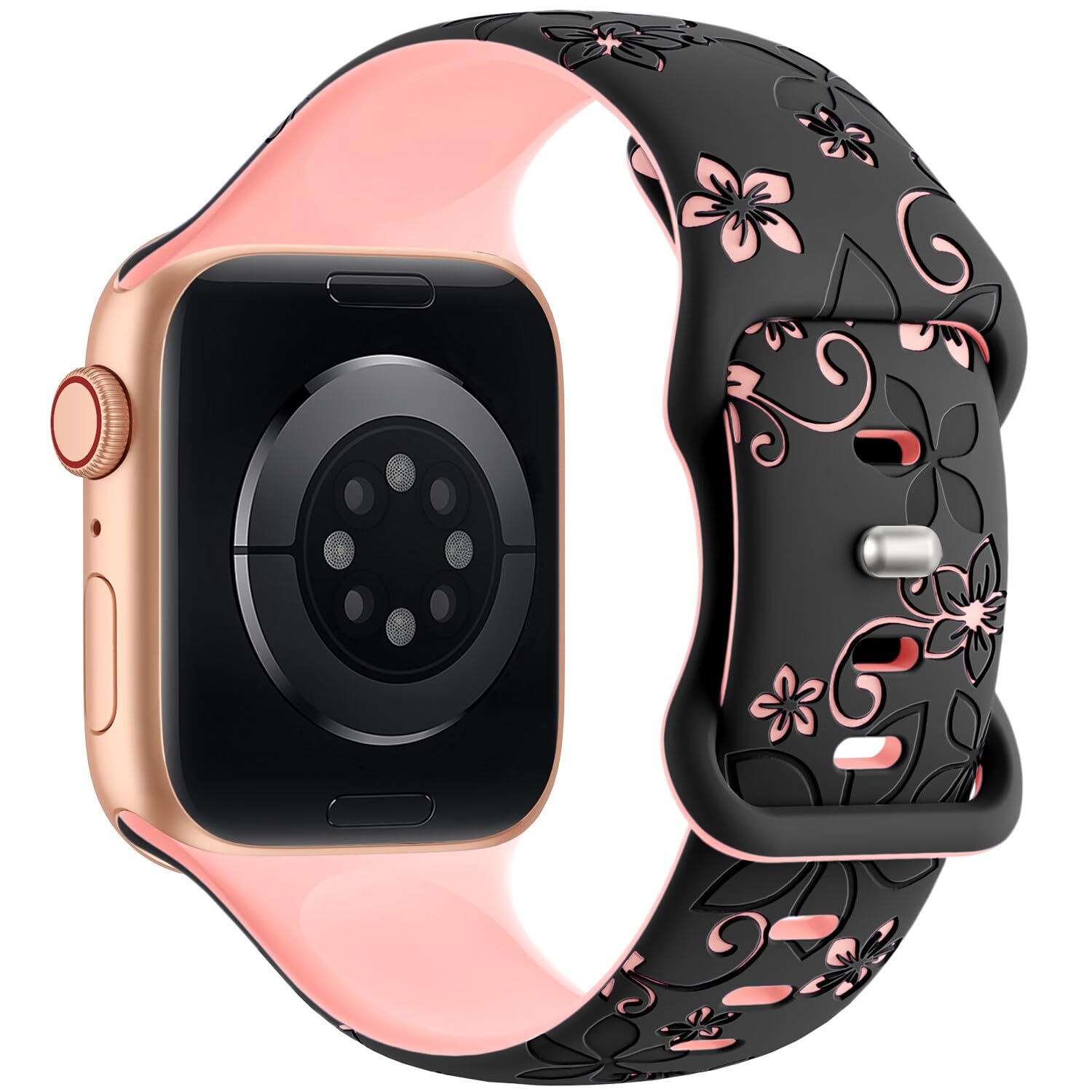 Floral Engraved Strap Compatible with Apple Watch Straps 38mm 40mm 41mm 42mm 44mm 45mm 46mm 49mm for Women,Cute Flower Band Soft Silicone Sport Strap for iWatch Series 11 10 9 8 7 6 5 4 3 2 1 SE Ultra