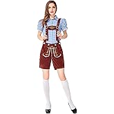 LANBETI Womens German Oktoberfest Costume Bavarian Oktoberfest Lederhosen Plaid Blouse and Suspenders Shorts Outfit