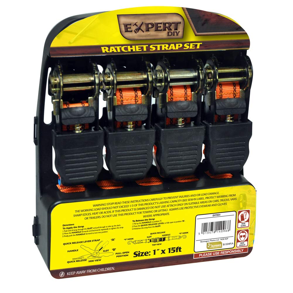 Kingfisher DIYRS4 1-Inch x 15 ft Ratchet Straps - Orange (Pack of 4) - Packaging may vary