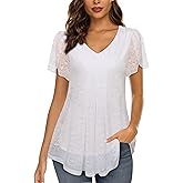 VALOLIA Womens Tops Short Sleeve Shirts Casual V Neck Blouse Double Layers Mesh Tunics Tops