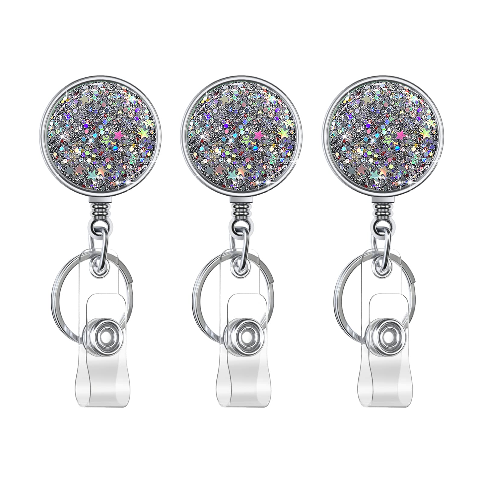Retractable Badge Holder, Lightweight Plastic Badge Reel Retractable Card Holder with Key Ring Backing Belt Clip for Nurse,Volunteer,Teacher,Student,Office (Pretty Sliver Stars 3 Pack-UK)