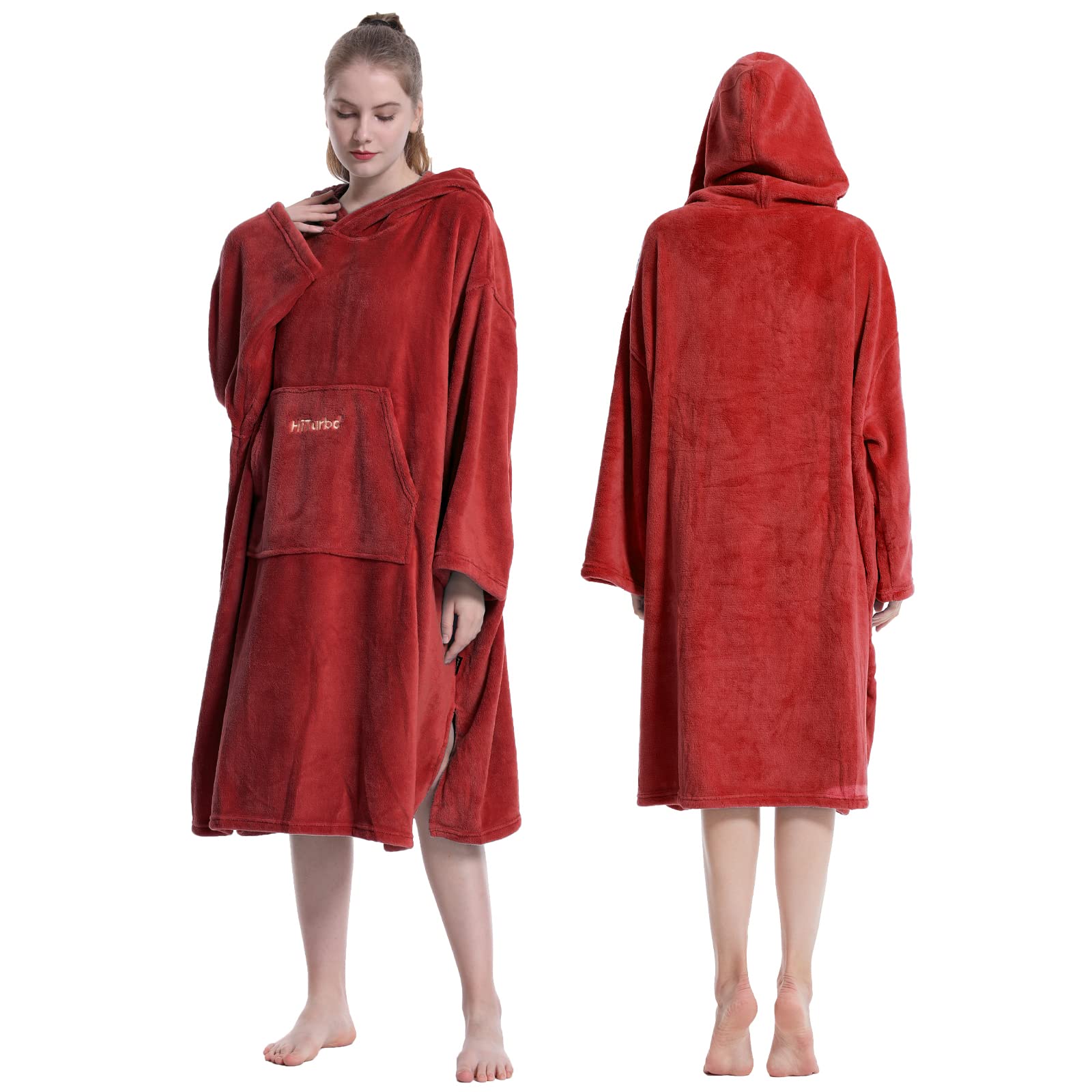 Hiturbo Changing Bath Robe-Surfing Poncho Towel Bathrobe with Hood for Beach,Swimming,Home Red