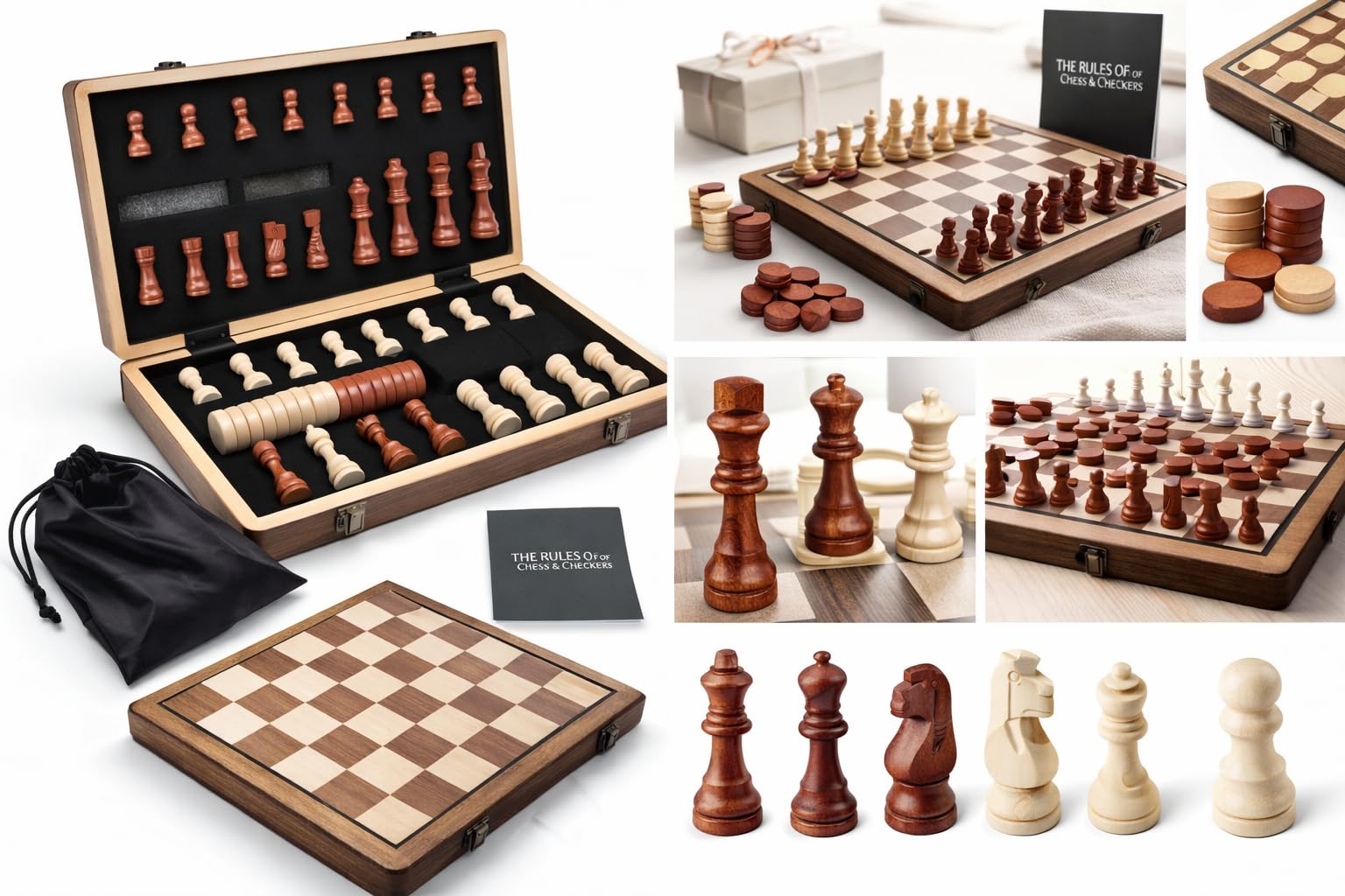 15 Inch Large Wooden Magnetic Chess Set Folding Board with Storage & Extra Queen, 2-in-1 Chess and Checkers Game, Travel Chess Set for Adults & Kids, Premium Walnut Finish Gift