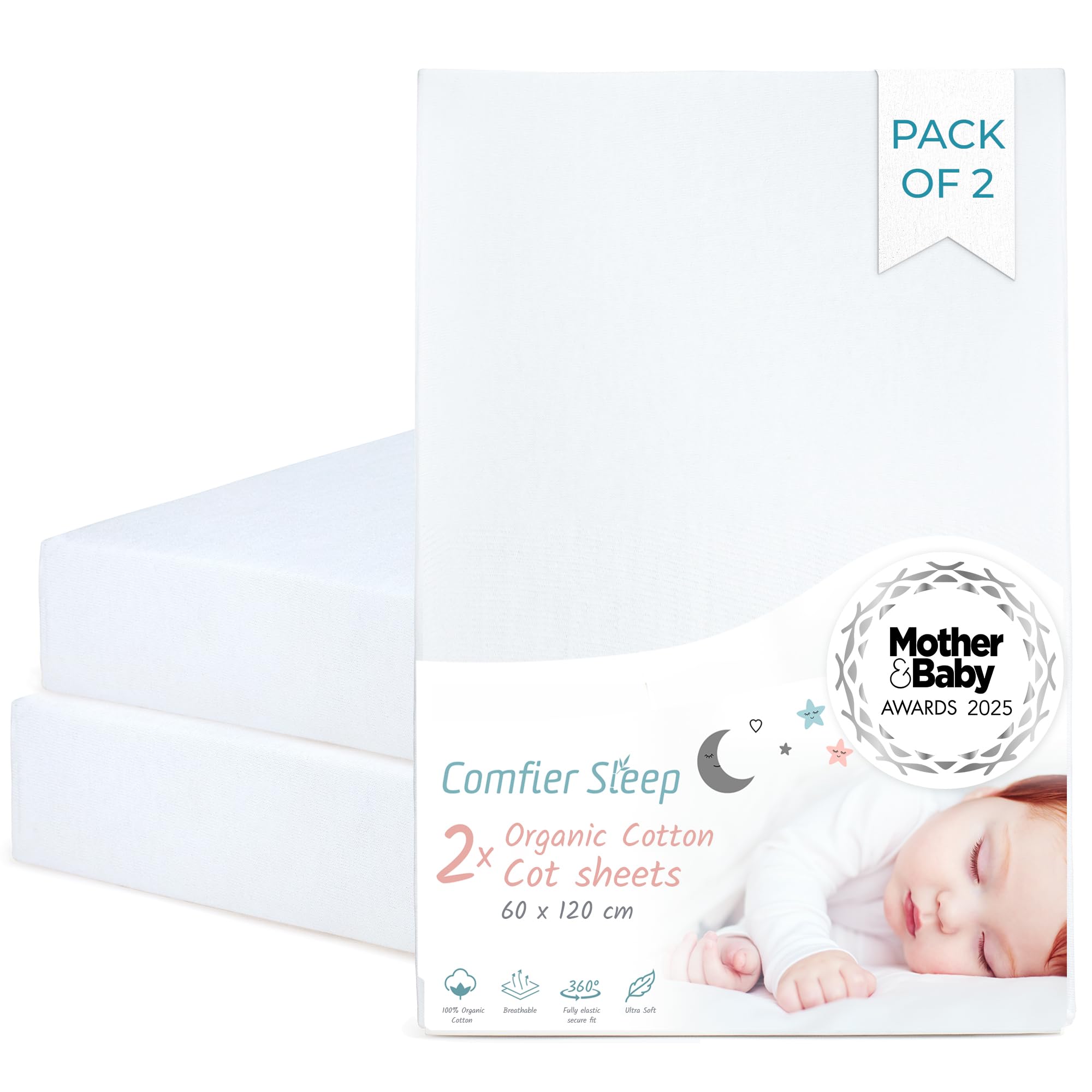 White Cot Sheets 120x60 Fitted – 2 Pack Organic Cotton Cot Bed Sheets – Soft and Breathable Baby Bedding