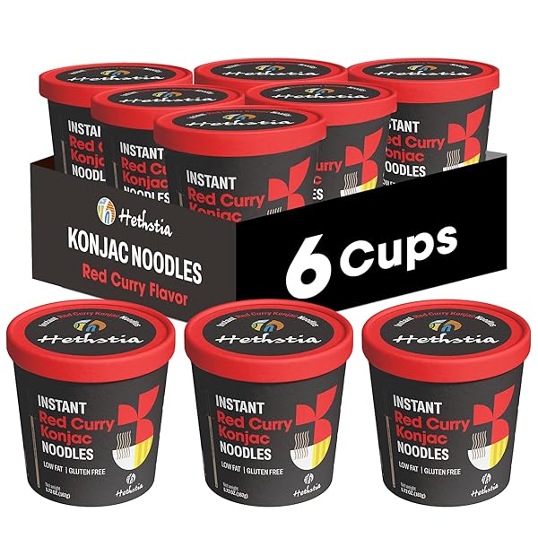 HETHSTIA KONJAC NOODLES RED CURRY SOUP CUPS – 6-PACK SHIRATAKI ANGEL HAIR PASTA, LOW CARB (4G), INSTANT KONJAC SPICY RED CURRY BROTH, GLUTEN-FREE, LOW SUGAR, LOW FAT, HEALTHY ASIAN RAMEN