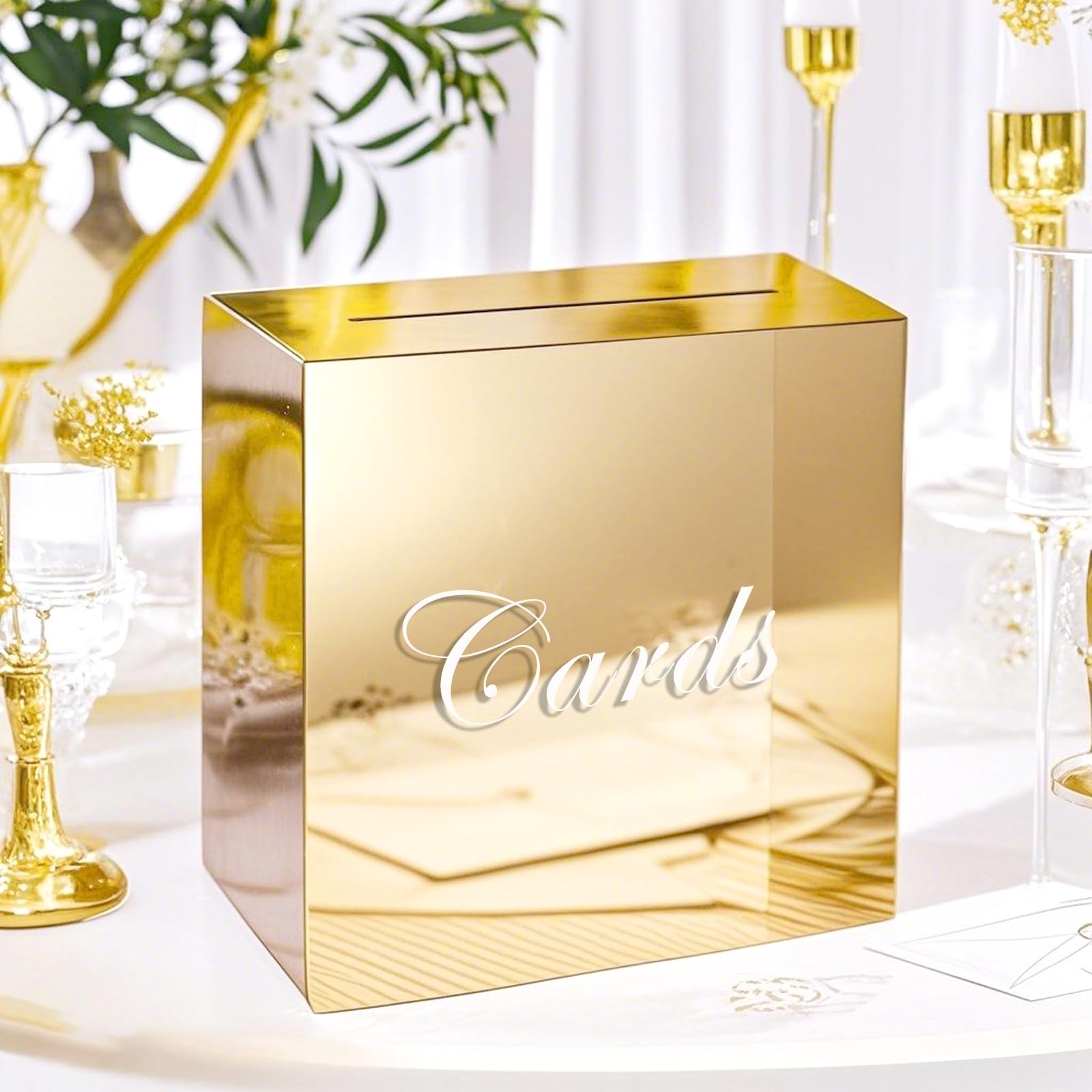 Photo 1 of Large Gold Mirror Acrylic Wedding Card Box with Slot and Pen, 10x10x5 inch Wedding Receptions Wishing Well Money Box, DIY Card Box for Wedding, Party, Graduation, Bridal Shower, Birthday (Gold Mirror)