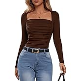 Amoretu Women's Long Sleeve Tops Square Neck Shirts Sexy Ruched Slim Fit Going Out T-Shirts