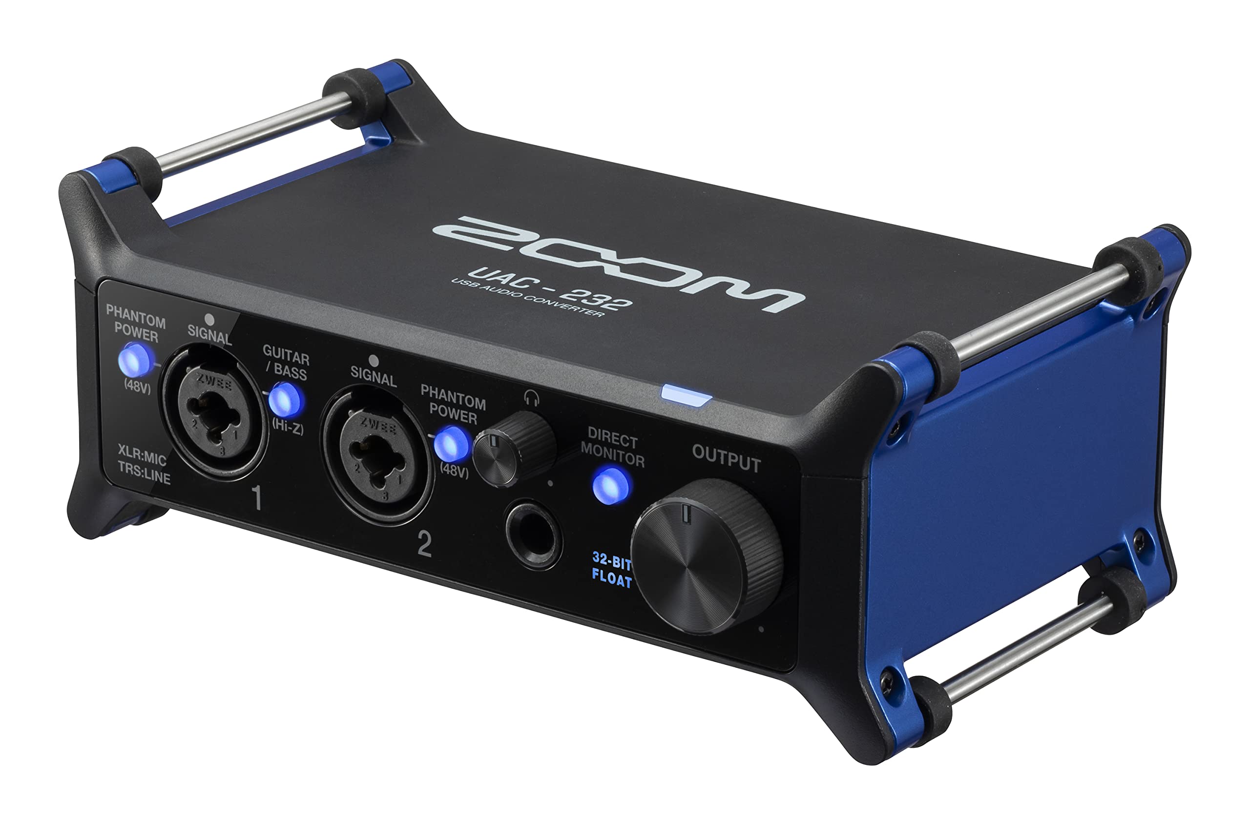 ZOOM UAC-232 Professional 32-bit float audio interface for music production, podcasting, and livestreaming, clip-free and low noise, black & blue