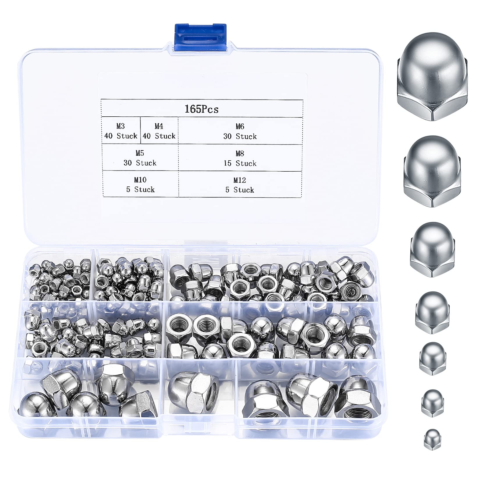 165 Pcs Acorn Dome Cap Nuts, stainless steel Acorn Thread Hex Caps Head Nuts Assortment KitAcorn Decorative Hex Cap Nutss - M3/M4/M5/M6/M8/M10/M12(silver/stainless steel)