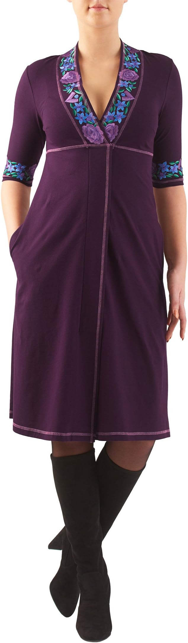 eShakti Women's Custom Floral trim cotton knit shift dress Purple multi