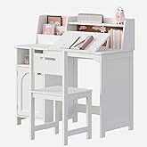 Treocho Kids Study Desk and Chair Set, Kids Desk with Hutch and Tiltable Desktop for 3-8 Years Old, Wooden Children Study Table with Storage Cabinet, Student Writing Desks Bedroom, Home School, White