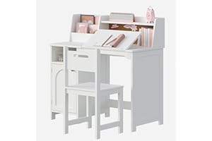 Treocho Kids Study Desk and Chair Set, Kids Desk with Hutch and Tiltable Desktop for 3-8 Years Old, Wooden Children Study Table with Storage Cabinet, Student Writing Desks Bedroom, Home School, White